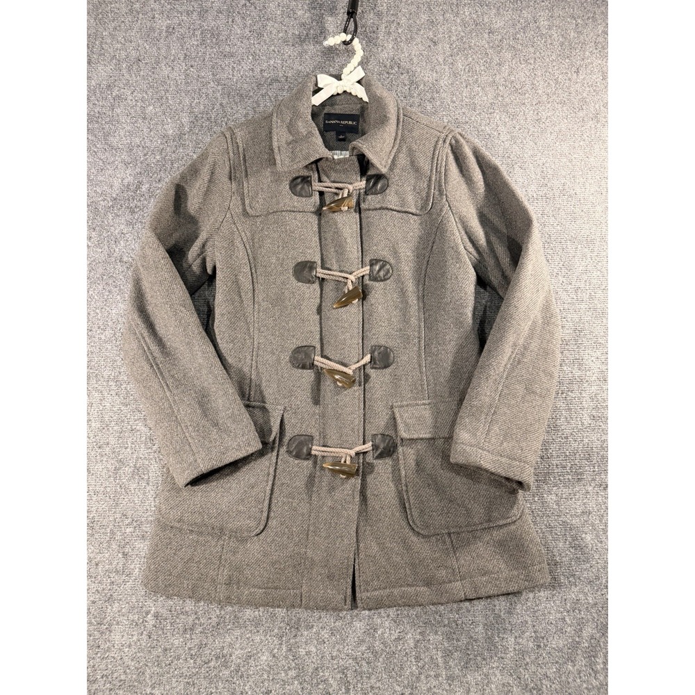 Banana Republic Womens Wool Blend Herringbone Duffle Pea Coat Toggle Zip Gray S